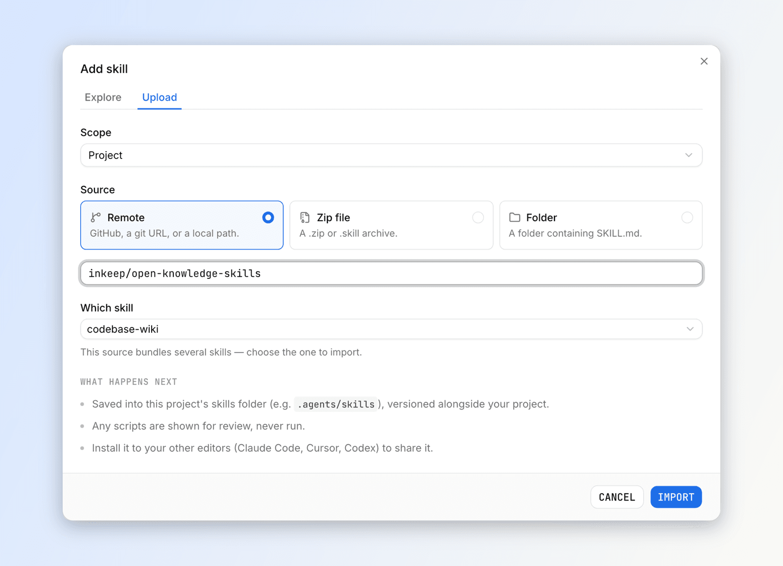 The Add skill dialog on the Upload tab, with a repository entered, a Which skill picker, and a summary of what import will do.