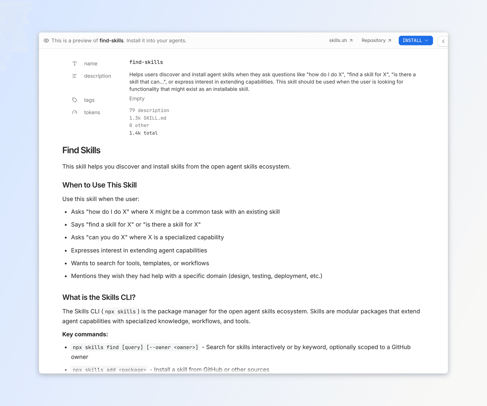 A skill's preview open as an editor tab, showing its instructions, token cost, and the control to add it.