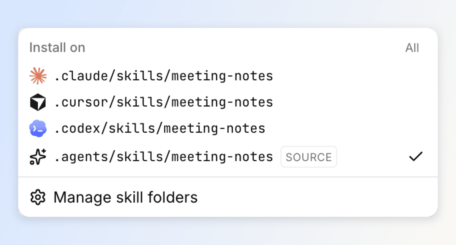 The Install menu lists Claude Code, Cursor, Codex, and the shared source folder, with an All control at the top.