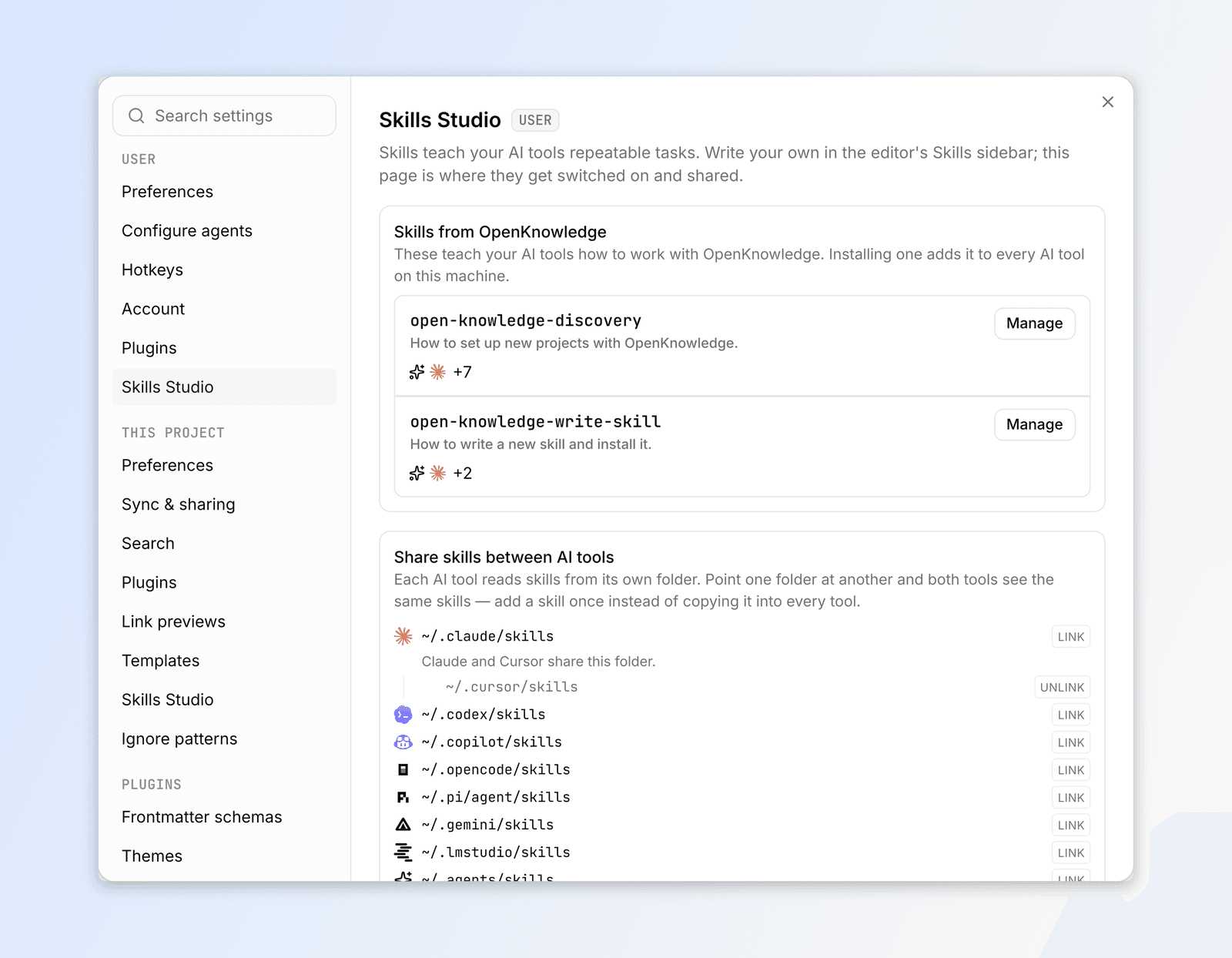 Settings, User, Skills Studio: the three skills OpenKnowledge ships, each with the AI tools it reaches and a Manage control.