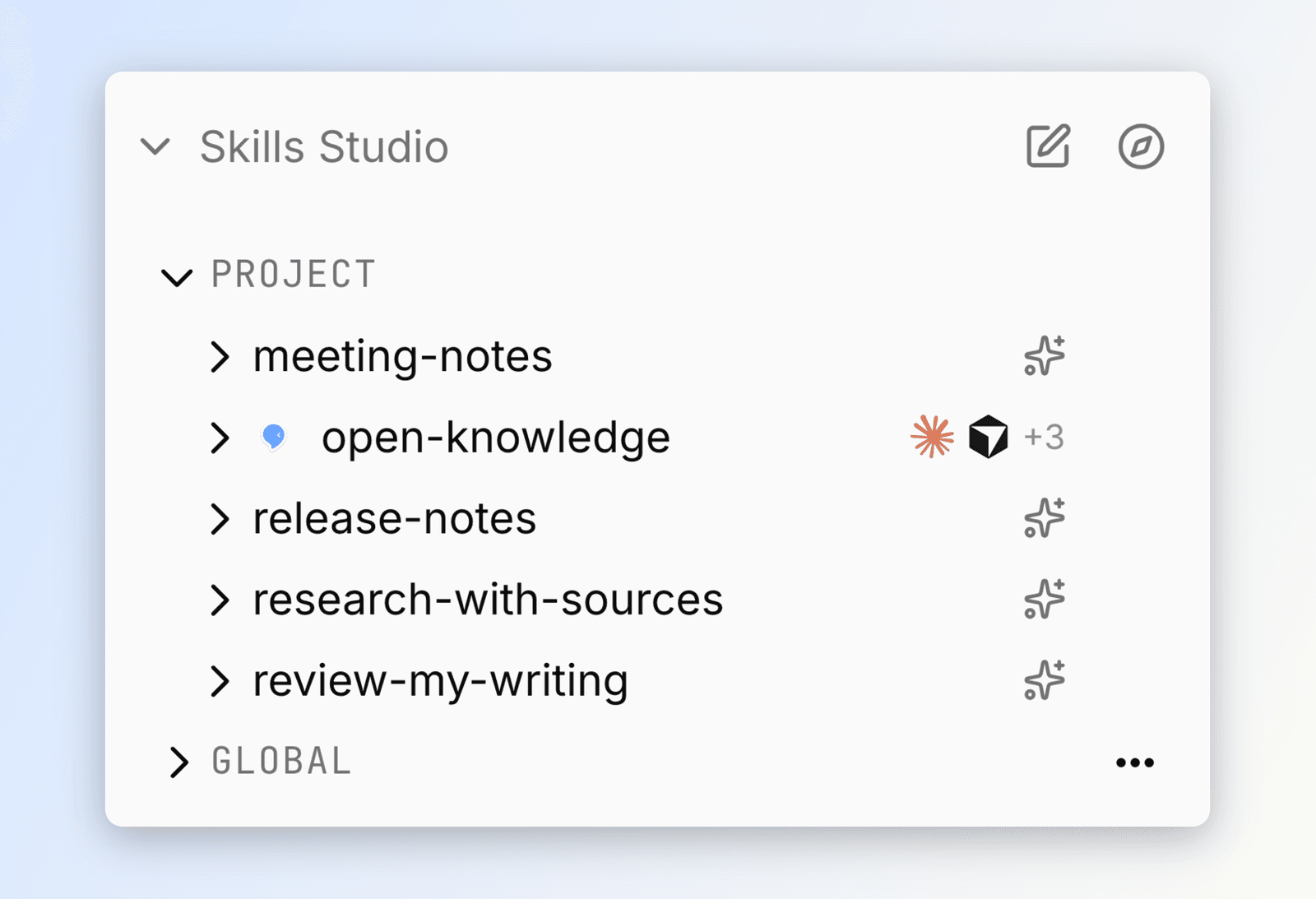 The Skills Studio dock at the bottom of the file sidebar, with its New skill and Explore skills actions in the header.