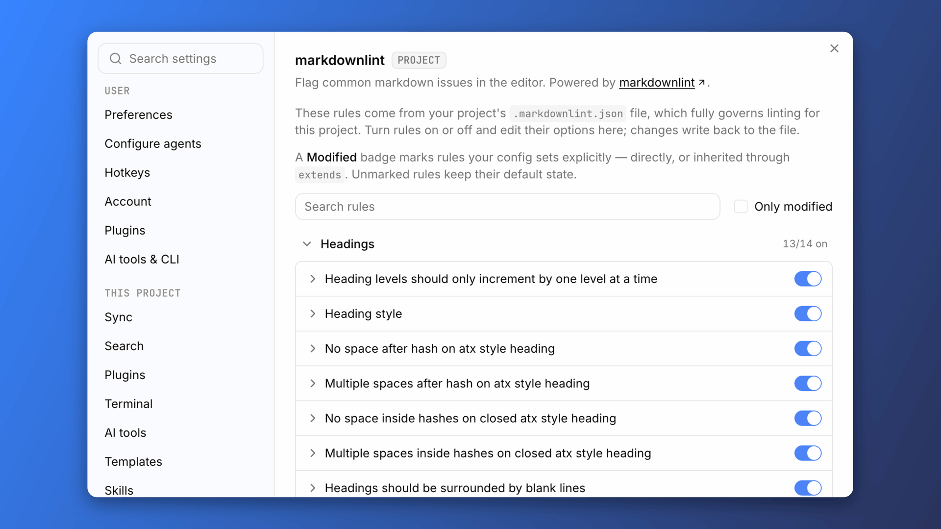 The markdownlint plugin settings in OpenKnowledge. A note explains the rules come from the project's .markdownlint.json and that changes write back to the file, above a searchable list of rules grouped by category with per-rule toggles