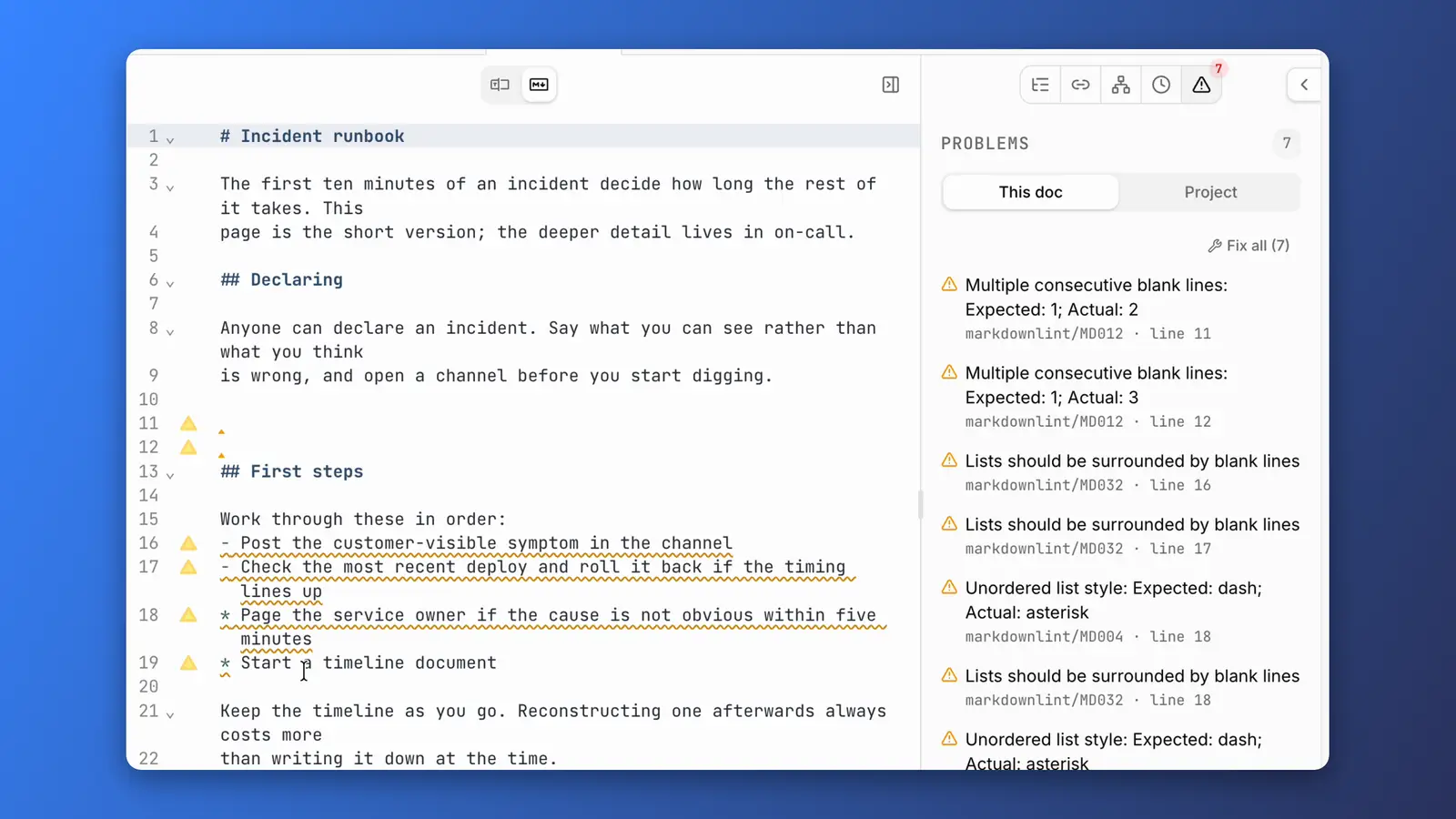 A doc with seven markdownlint warnings underlined in the editor and listed in the Problems panel. The pointer moves to Fix all, clicks, and every warning clears